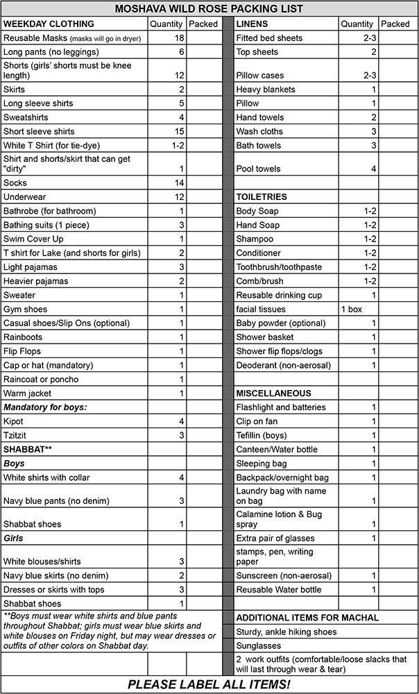 Mosh-packing-list-2021 | Camp Moshava of Wild Rose, WI